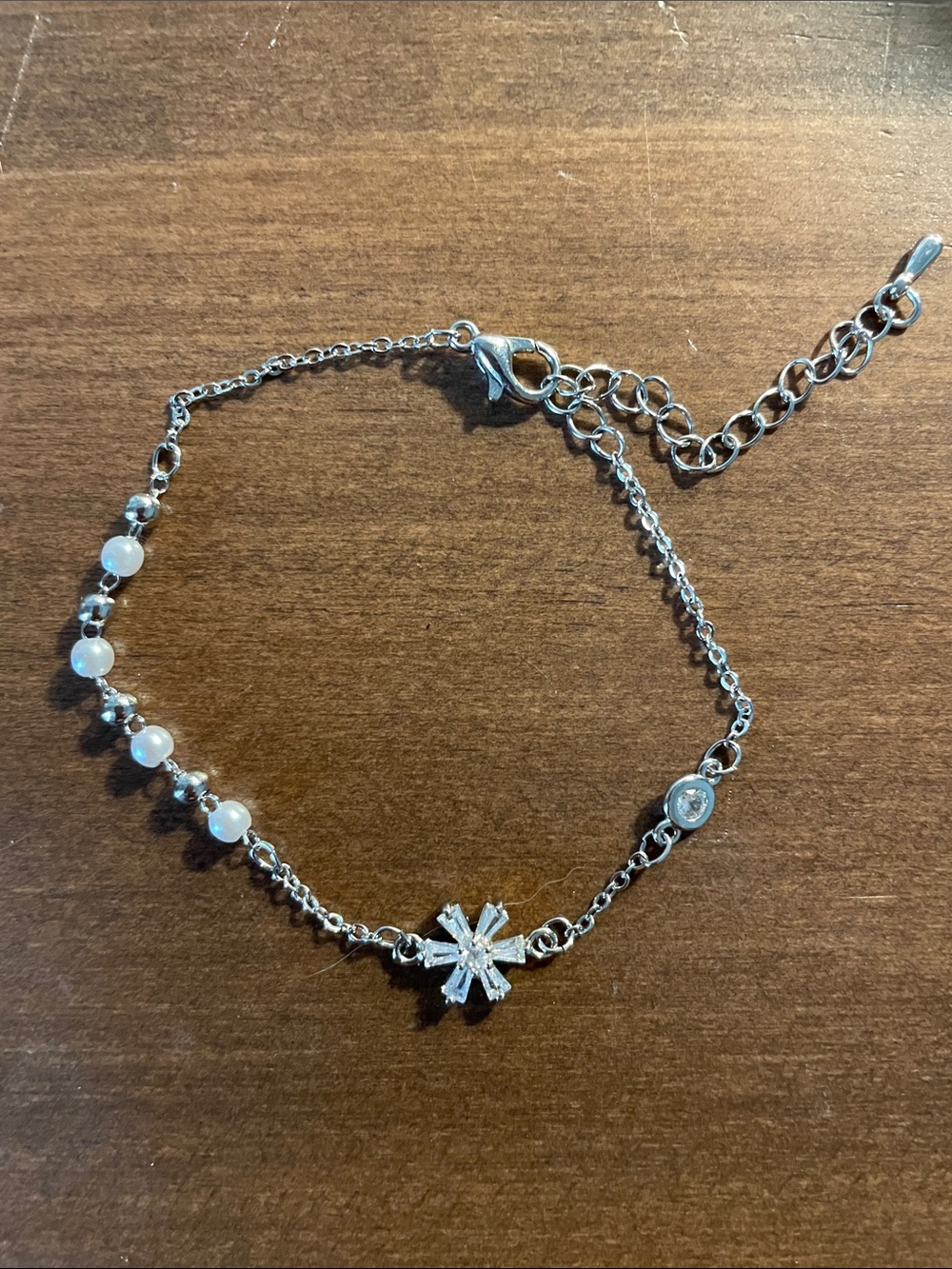 Silver Snowflake Bracelet with White Beads